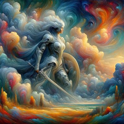 The primary subject of the image is a woman dressed in a suit of armor, standing in a field with a sword in her hand. The setting is a cloudy sky, and the visual style is a painting or digital art. The colors and mood of the image are predominantly warm and dramatic, with the woman's armor and the sword creating a sense of strength and power.